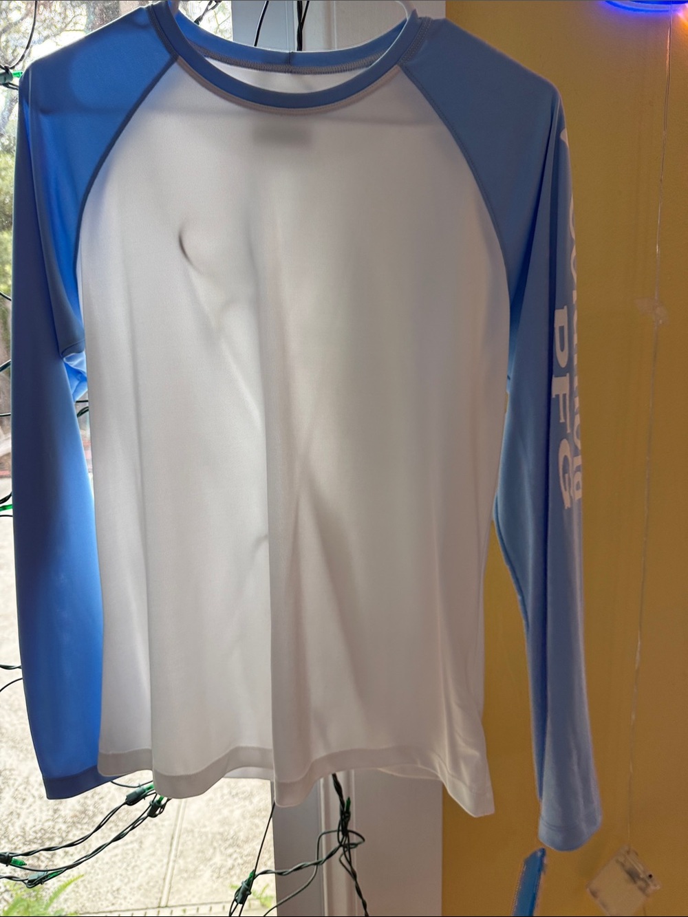 Columbia White and Light Blue Long Sleeve Raglan Tee